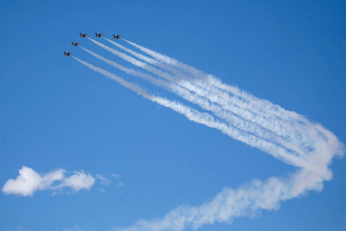 The U.S. Air Force Air Demonstration Squadron “Thunderbirds” do a flyover Summerl ...