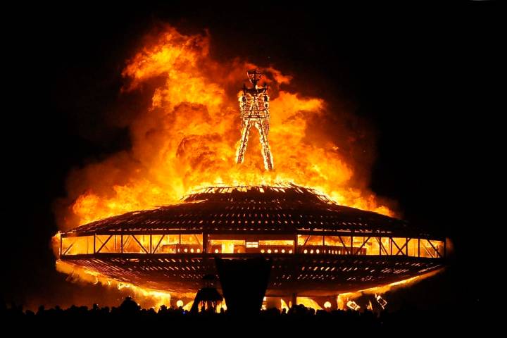 In this Aug. 31, 2013 file photo, the "Man" burns on the Black Rock Desert at Burning Man near ...