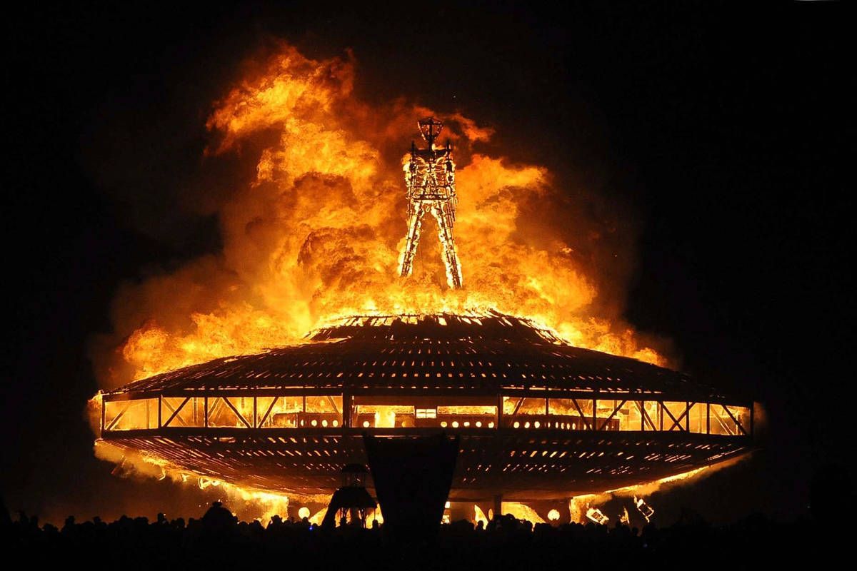 In this Aug. 31, 2013 file photo, the "Man" burns on the Black Rock Desert at Burning Man near ...