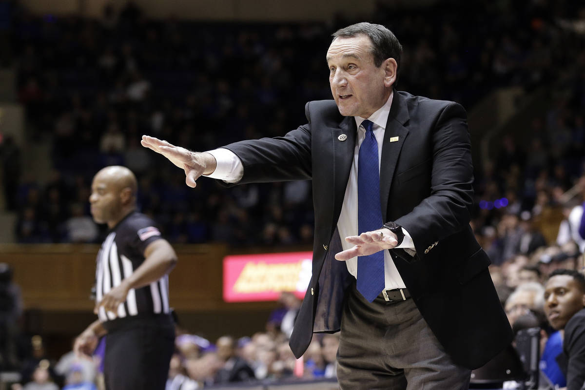 FILE - In this Nov. 12, 2019, file photo, Duke head coach Mike Krzyzewski reacts to a play duri ...