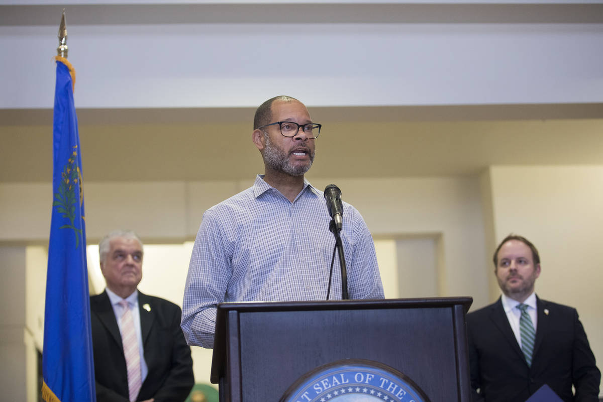 Nevada Attorney General Aaron Ford takes part in a press conference regarding the coronavirus c ...