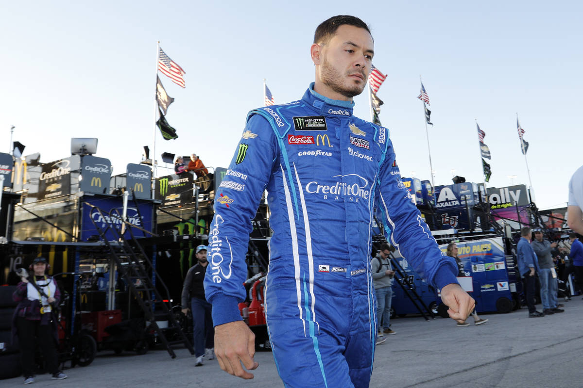 FILE - In this Oct. 18, 2019, file photo, Kyle Larson walks to the garage before the final prac ...