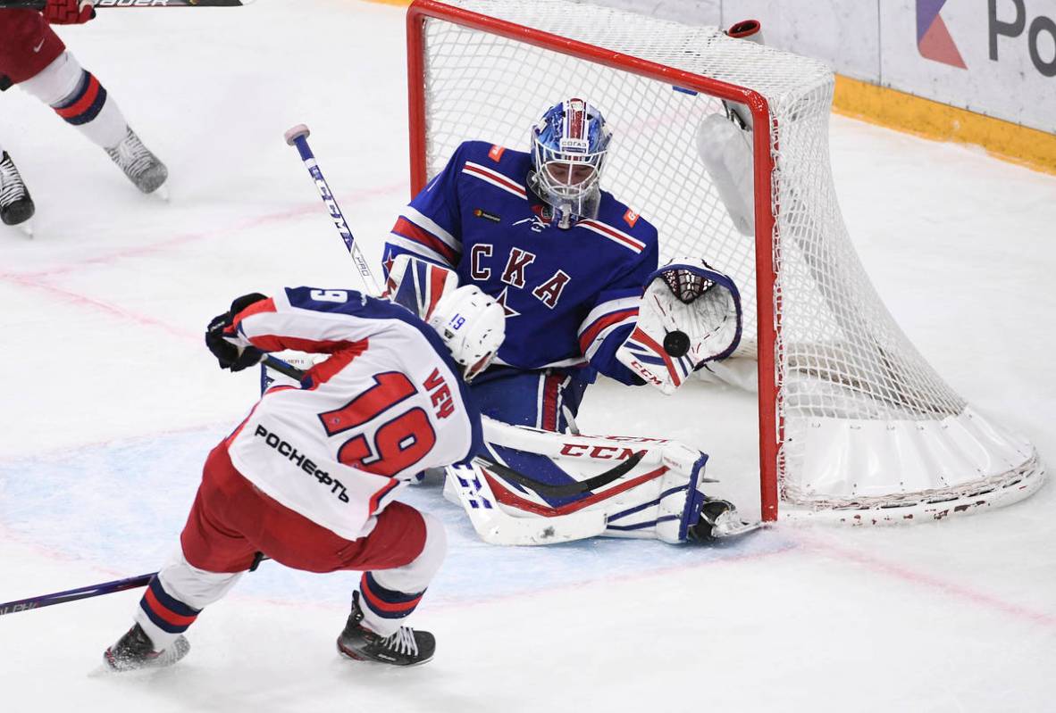 SKA's goaltender Alexey Melnichuk in action during the Kontinental Hockey League ice hockey mat ...