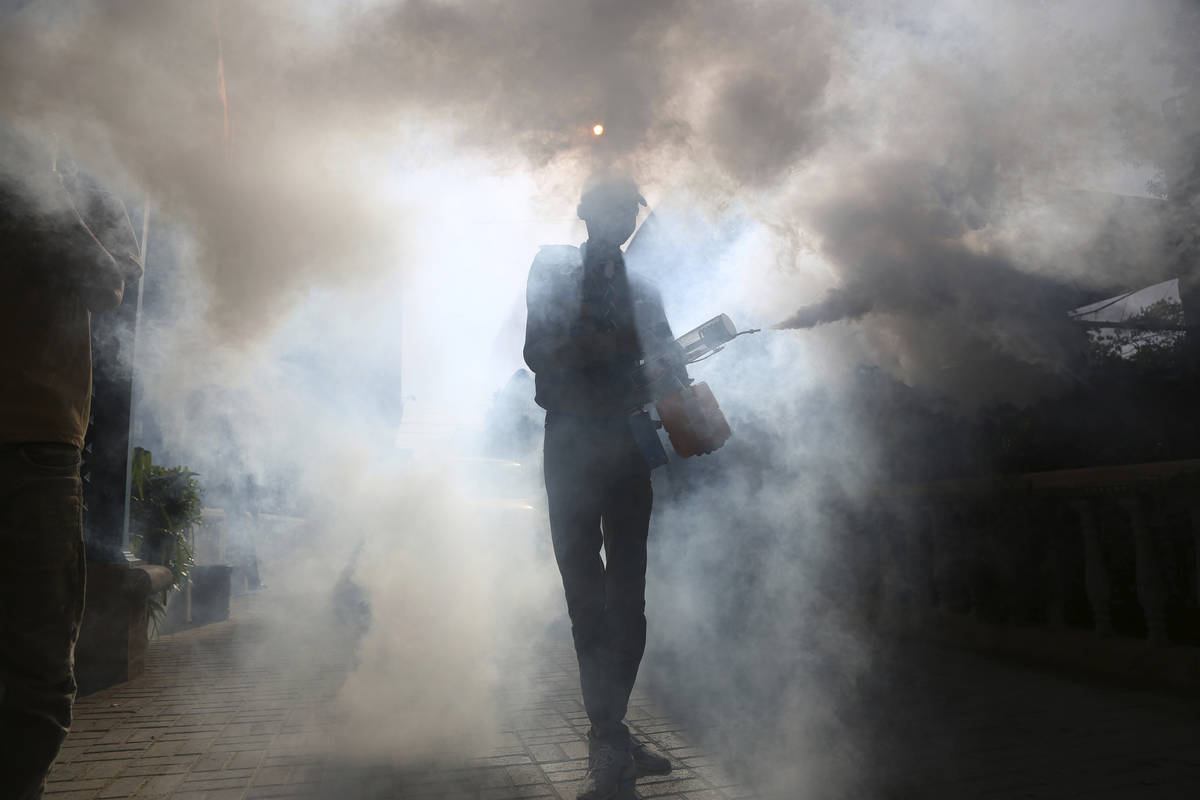 A volunteer disinfects the Karachi Press Club building in an effort to contain the outbreak of ...