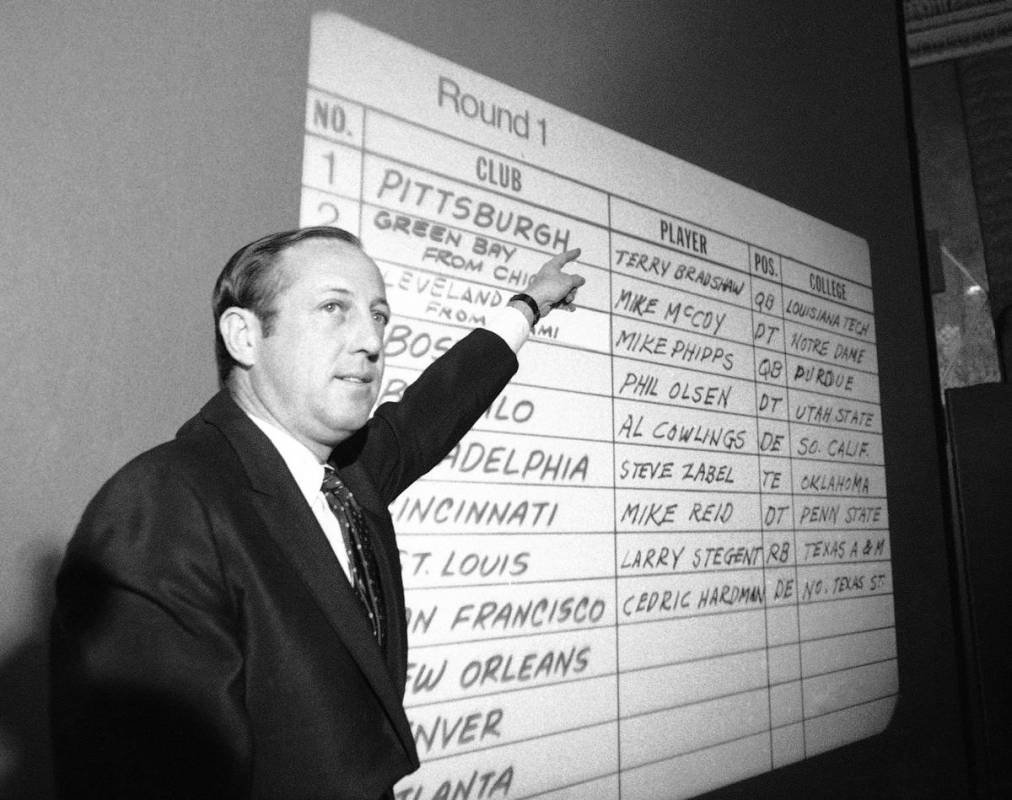 FILE - In this Jan. 27, 1970 file photo, NFL commissioner Pete Rozelle points to Pittsburgh Ste ...