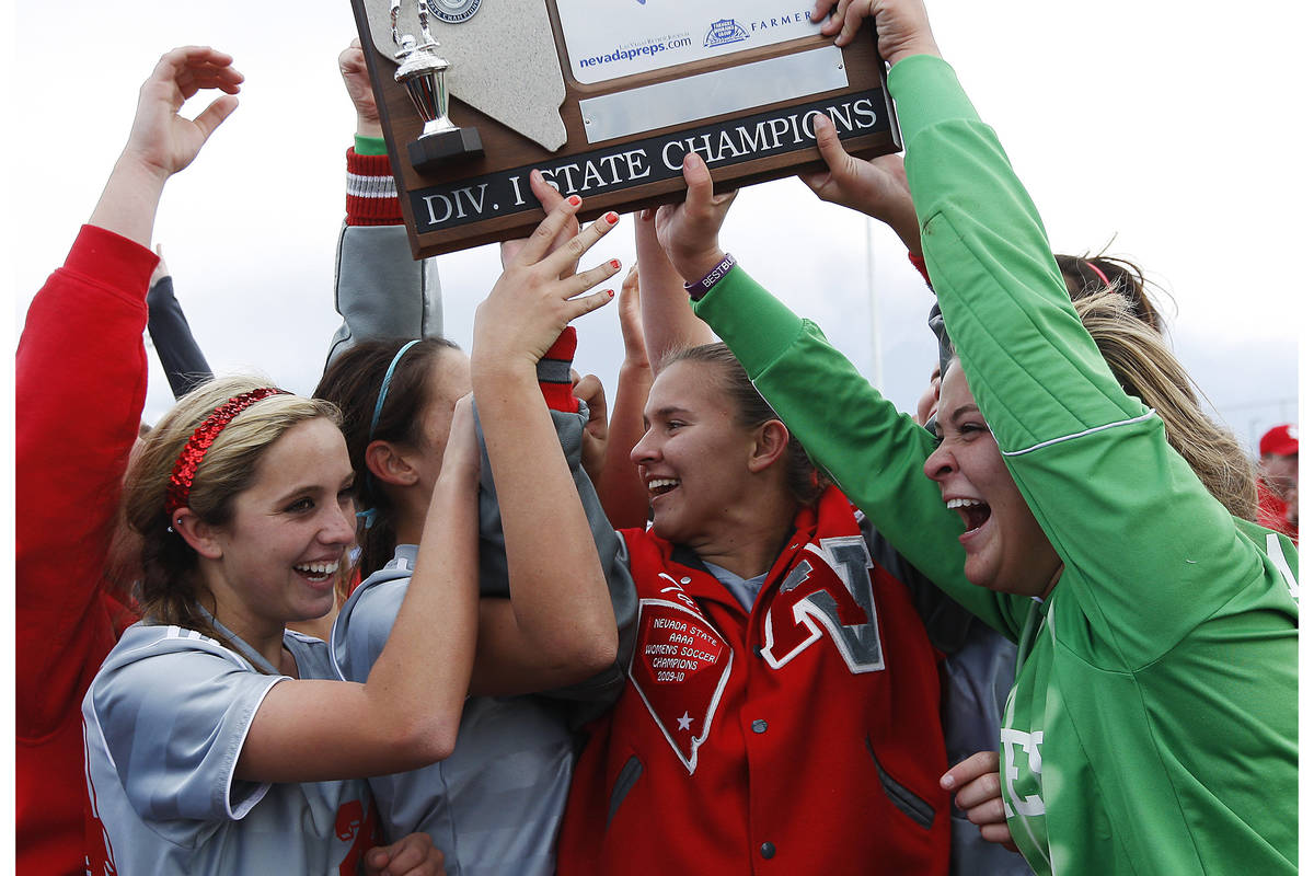 Arbor View celebrates its overtime penalty kick victory over Green Valley for the Nevada State ...