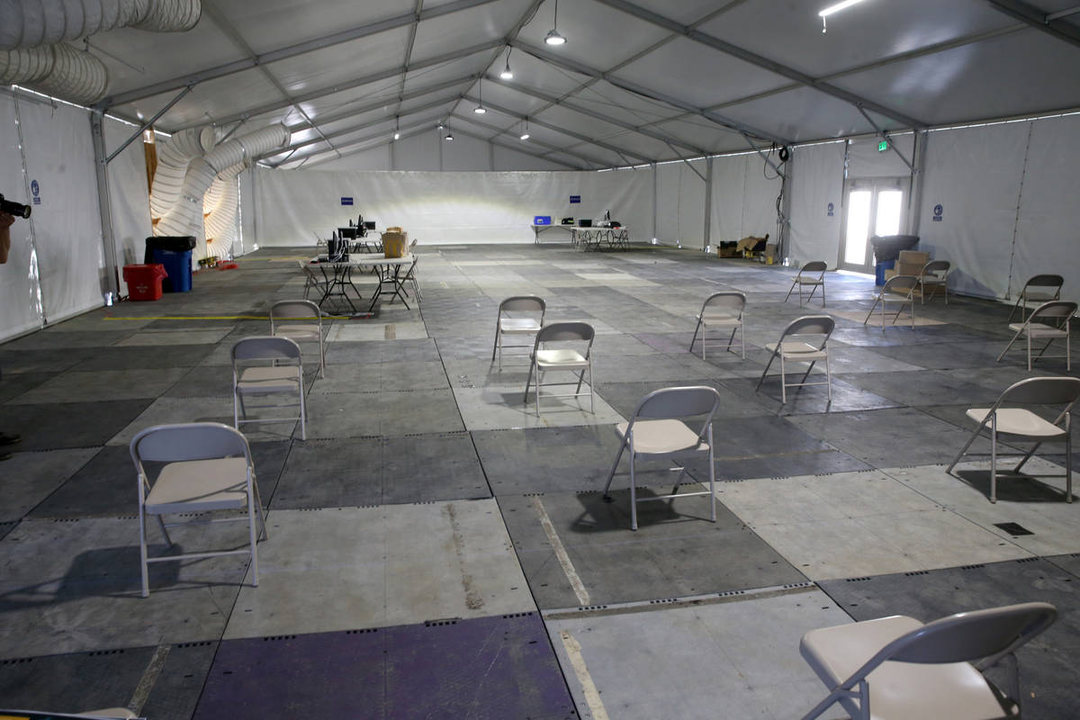 The intake tent at the Cashman Isolation-Quarantine Complex in Las Vegas Monday, April 13, 2020 ...