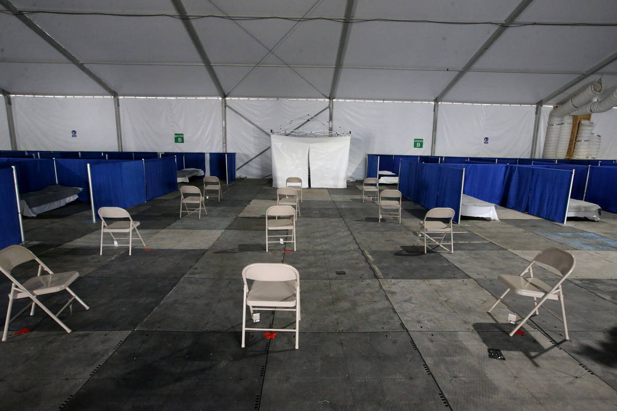 The recreation area in a medical tent for people who may have been exposed to the coronavirus b ...