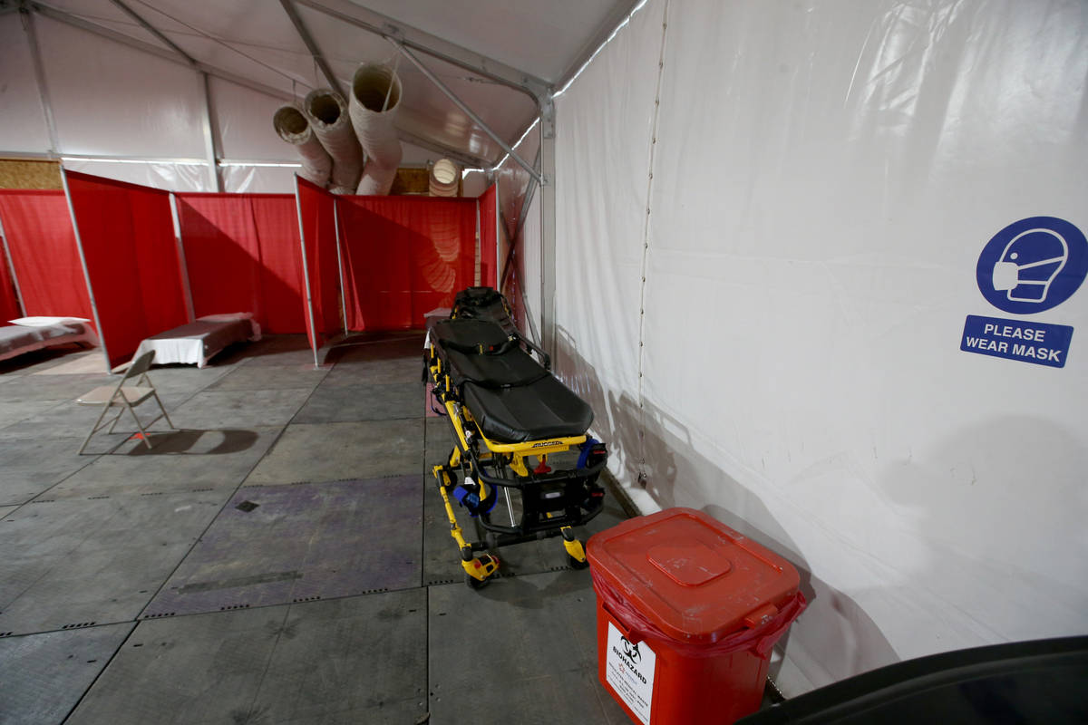 A medical tent for people who have tested positive for coronavirus is seen during a tour of the ...