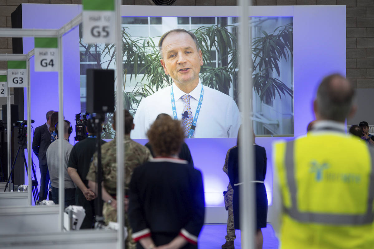 Sir Simon Stevens, CEO of the NHS, speaks via videolink as he officially opens the NHS Nighting ...