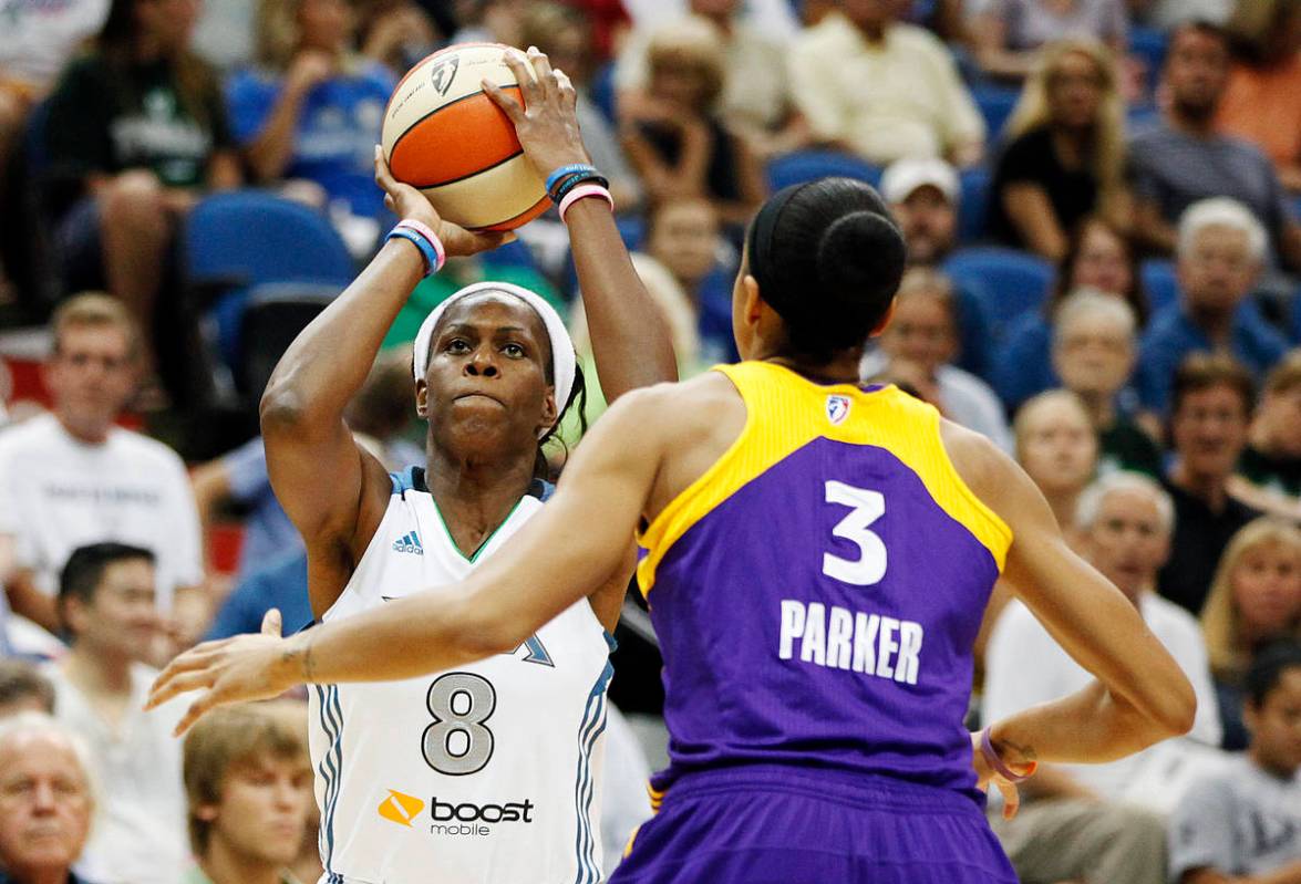 Minnesota Lynx forward Taj McWilliams-Franklin (8) shoots against Los Angeles Sparks forward Ca ...