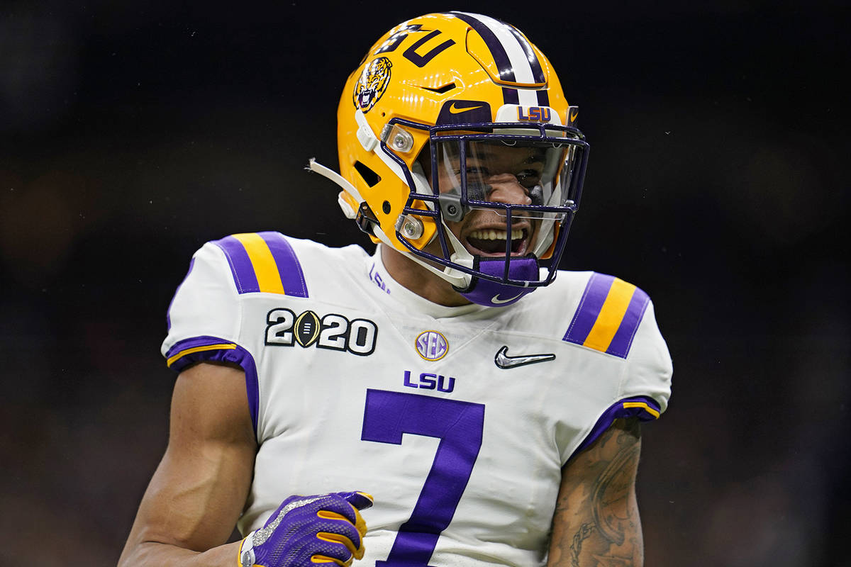 LSU safety Grant Delpit celebrates during the first half of a NCAA College Football Playoff nat ...