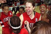 UNLV senior forward Linda Frohlich (13), center, celebrates with her teammates after the Lady R ...
