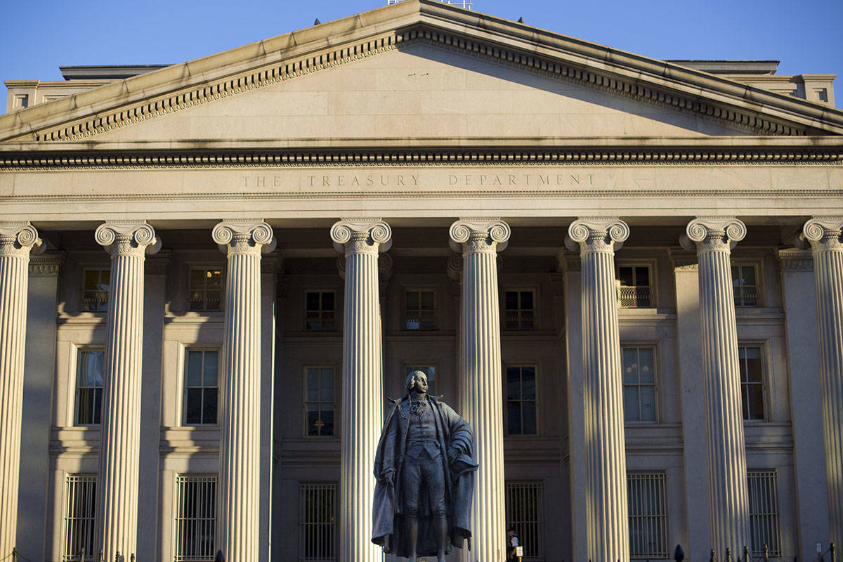FILE - U.S. Treasury Department building in Washington. (AP Photo/Pablo Martinez Monsivais, File)