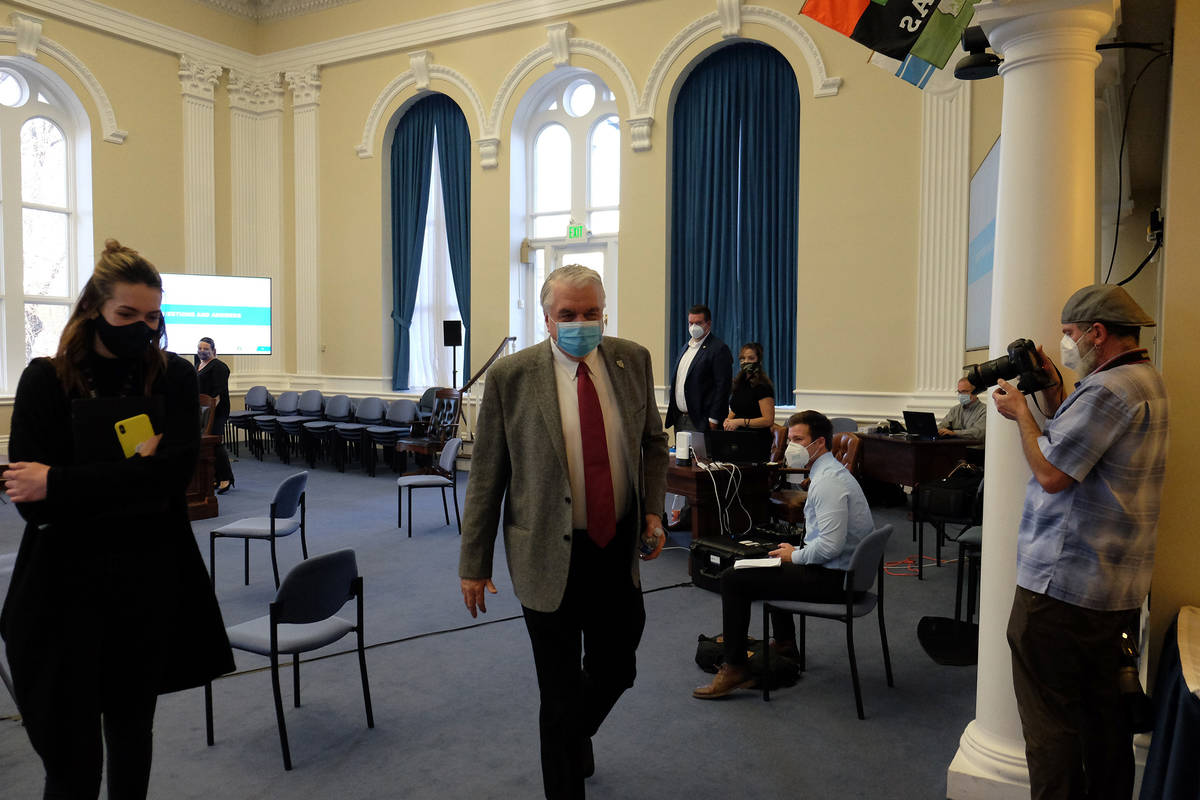 Gov. Steve Sisolak leaving a press briefing at the state Capitol in Carson City on Thursday. Th ...