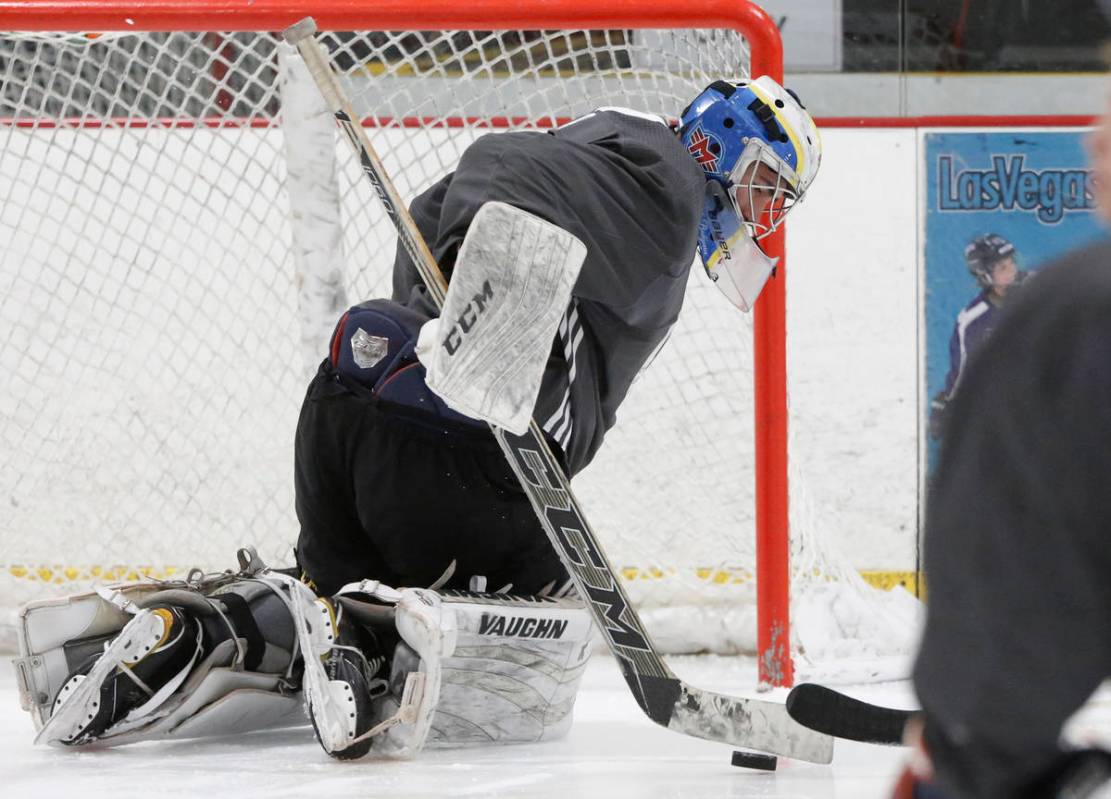 Vegas Golden Knights' goalie Jiri Patera blocks the puck during the team's development camp at ...