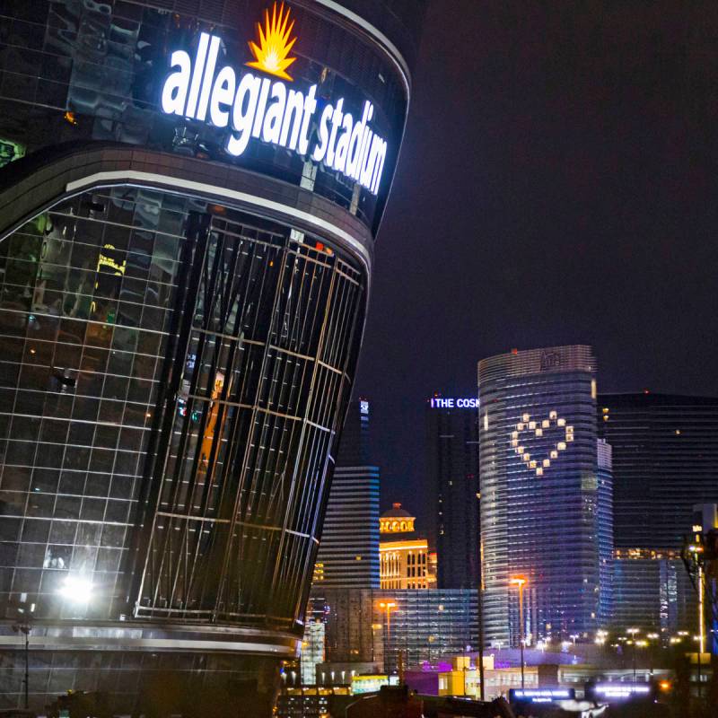 The lights for the exterior signage of Allegiant Stadium are lit as construction continues in L ...