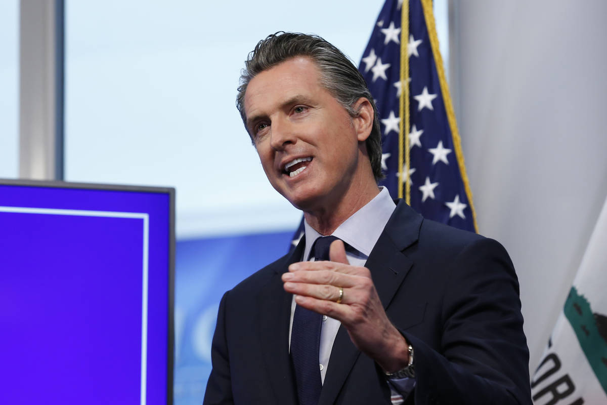 FILE - In this file photo taken Tuesday April 14, 2020, California Gov. Gavin Newsom discusses ...