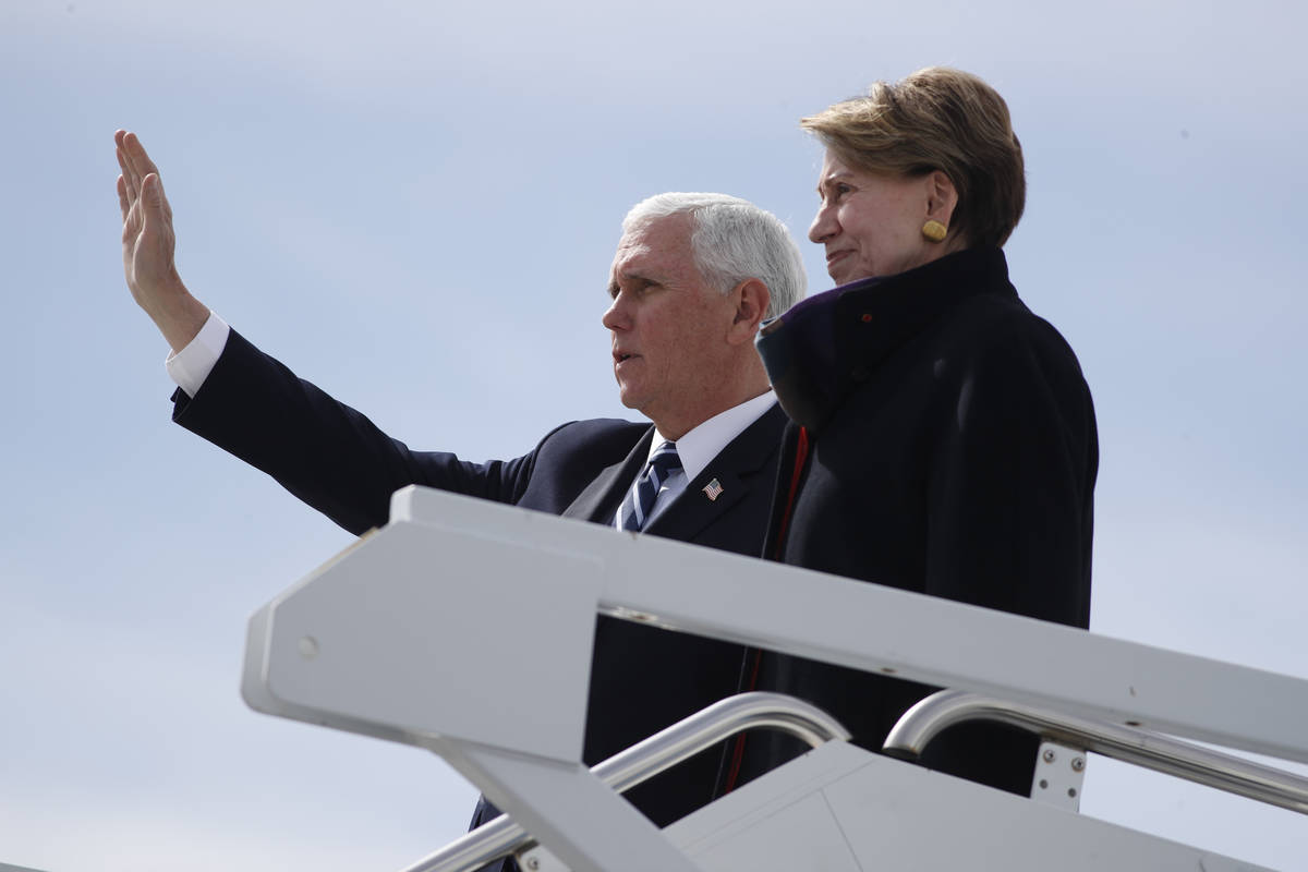 Vice President Mike Pence arrives with U.S. Secretary of the Air Force Barbara Barrett at Peter ...