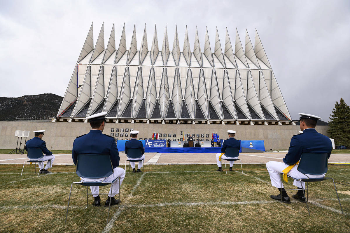Vice President Mike Pence speaks during the Air Force Academy class of 2020 graduation on the t ...
