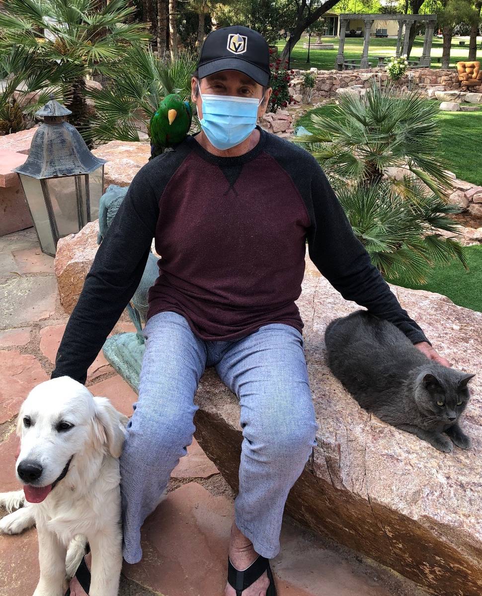 Las Vegas legend Wayne Newton is shown wearing a medical mask with his dog Bailey, Eclectus par ...
