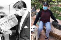 Wayne Newton, left, is shown wearing a medical mask in this United Press International photo in ...