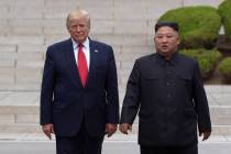 FILE- In this June 30, 2019 file photo, President Donald Trump, left, meets with North Korean l ...