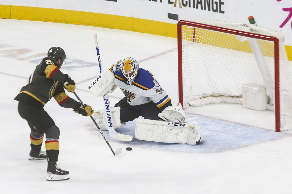 Golden Knights' Chandler Stephenson (20) lines up his game-winning shot against St. Louis Blues ...