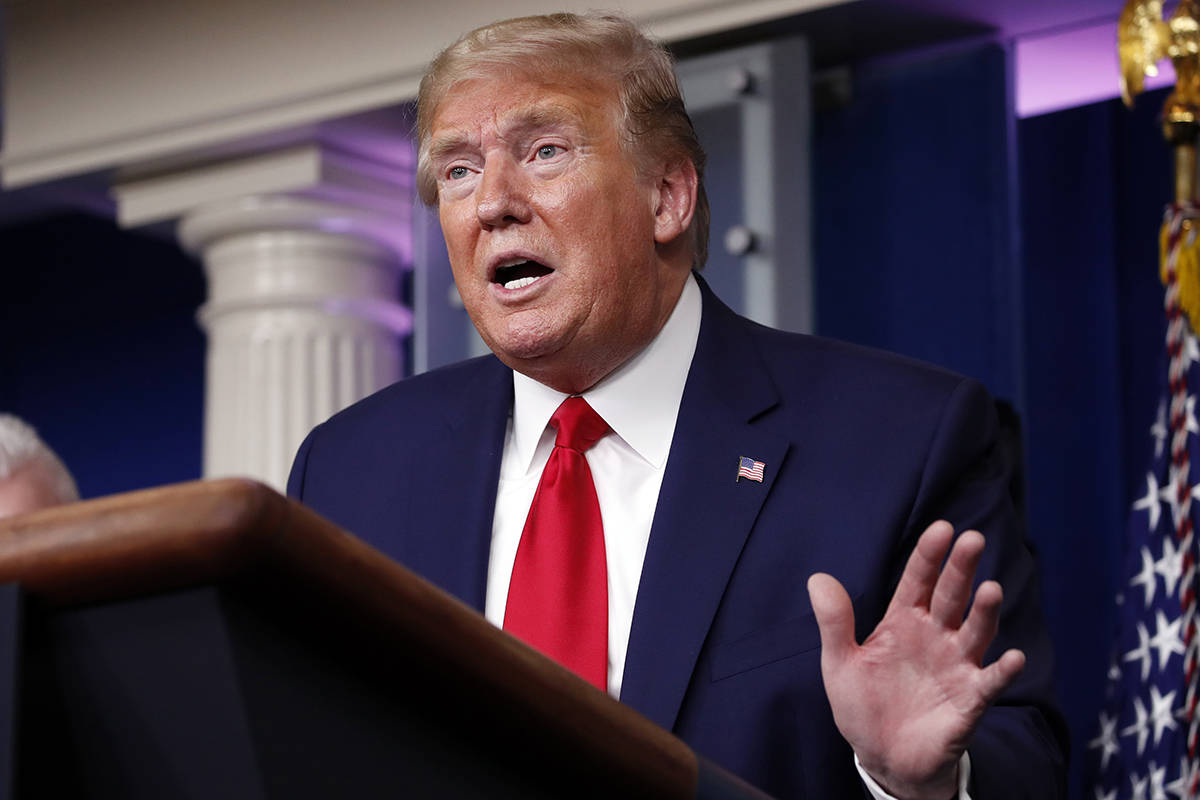 President Donald Trump speaks about the coronavirus in the James Brady Press Briefing Room of t ...