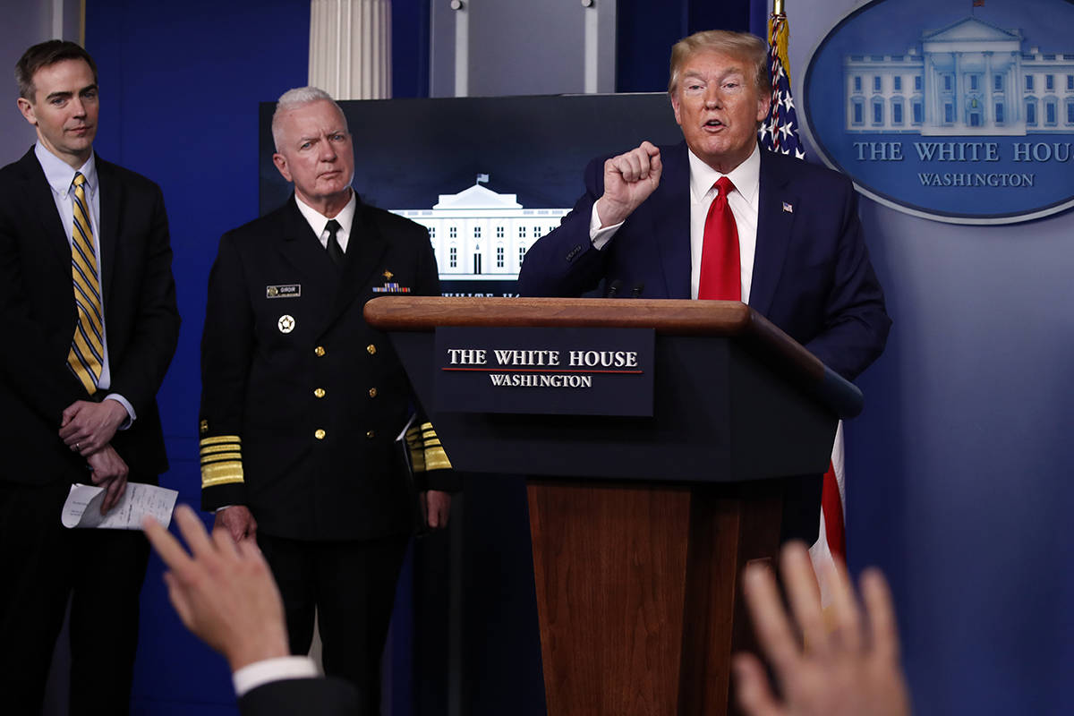 President Donald Trump speaks about the coronavirus in the James Brady Press Briefing Room of t ...