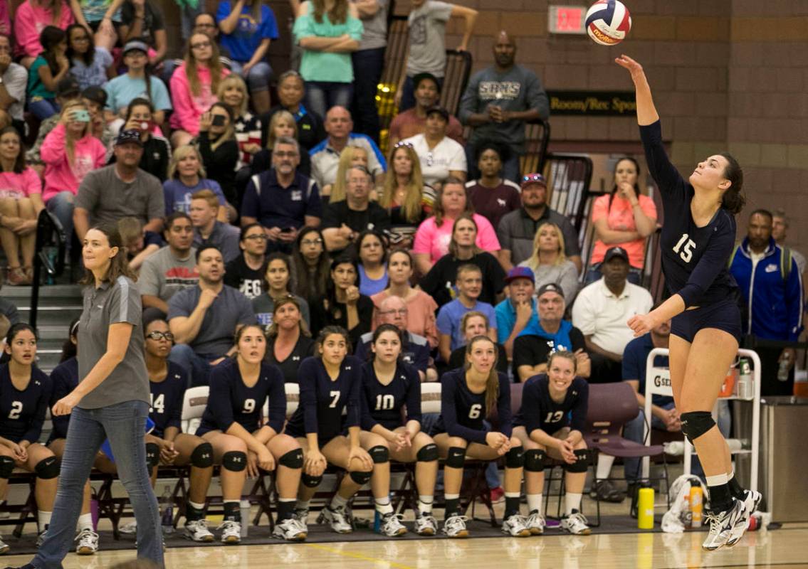 Shadow Ridge senior Whittnee Nihipali (15) serves the ball against the Gorman Gaels in the Clas ...