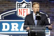 FILE - In this April 25, 2019, file photo, NFL Commissioner Roger Goodell speaks ahead of the f ...