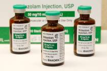 This July 25, 2014 file photo shows bottles of the sedative midazolam at a hospital pharmacy in ...