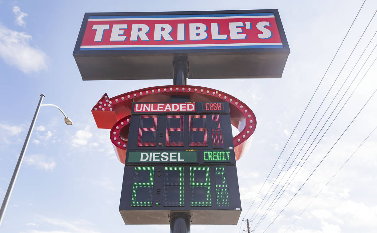 A sign flashing gasoline prices is seen at Terrible Herbst on St. Rose Pkwy., and South Marylan ...