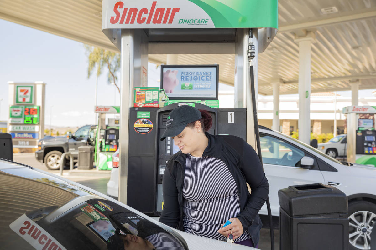 Tamara Sanchez of Las Vegas fills up her gas tank at Sinclair gas station on South Valley View ...