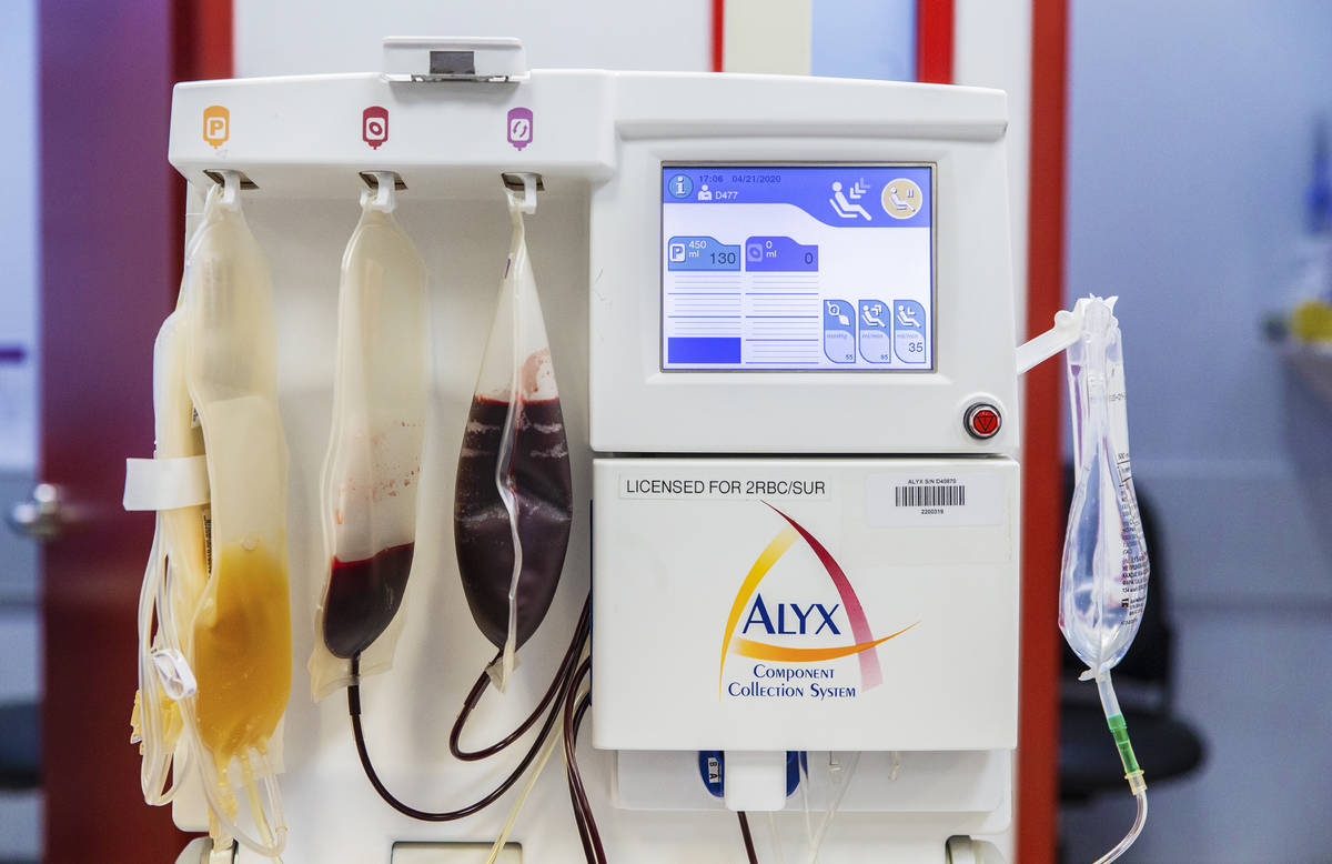 Plasma is separated from a donors blood at Vitalant on Tuesday, April 21, 2020, in Las Vegas. ( ...