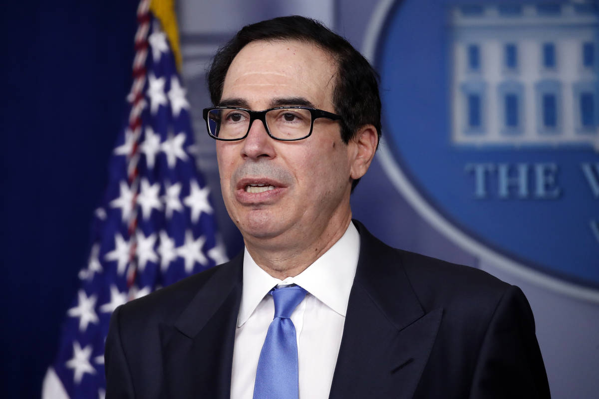 Treasury Secretary Steven Mnuchin speaks about the coronavirus in the James Brady Press Briefin ...