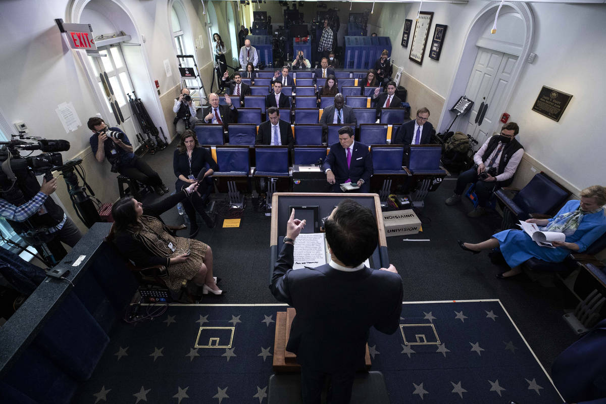 Treasury Secretary Steven Mnuchin speaks about the coronavirus in the James Brady Press Briefin ...