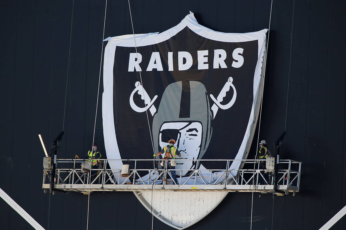 The shield logo is installed at the Las Vegas Raiders headquarters and practice facility in Hen ...