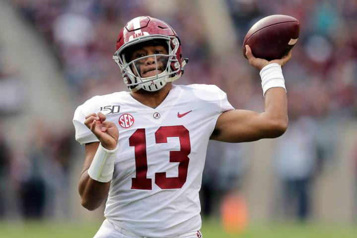 FILE - In this Oct. 12, 2019, file photo, Alabama quarterback Tua Tagovailoa passes against Tex ...