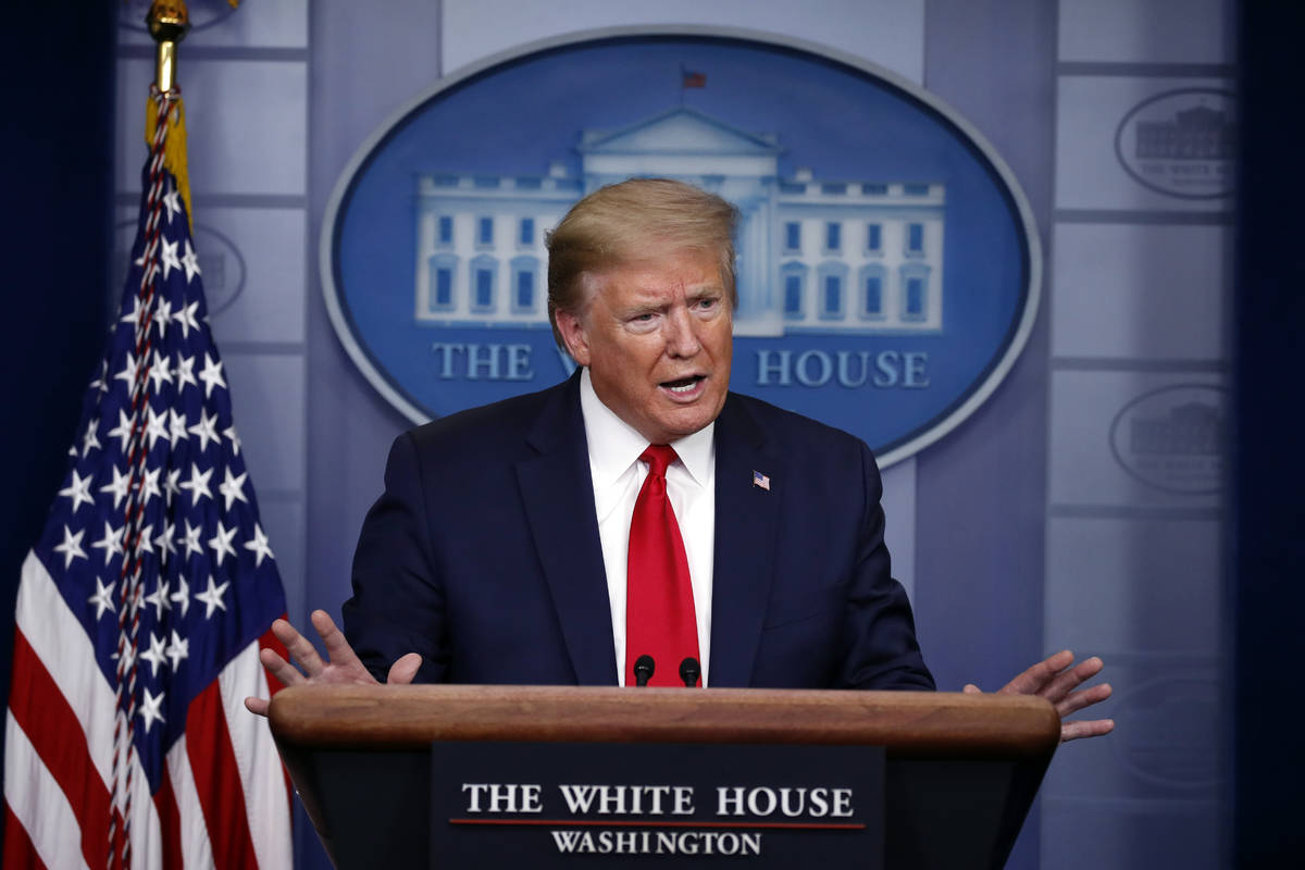 President Donald Trump speaks about the coronavirus in the James Brady Press Briefing Room of t ...