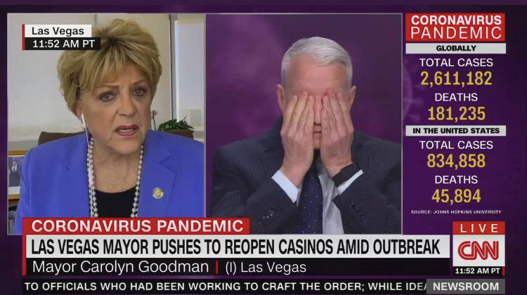 Anderson Cooper reacts to Las Vegas Mayor Carolyn Goodman during their interview Wednesday on C ...