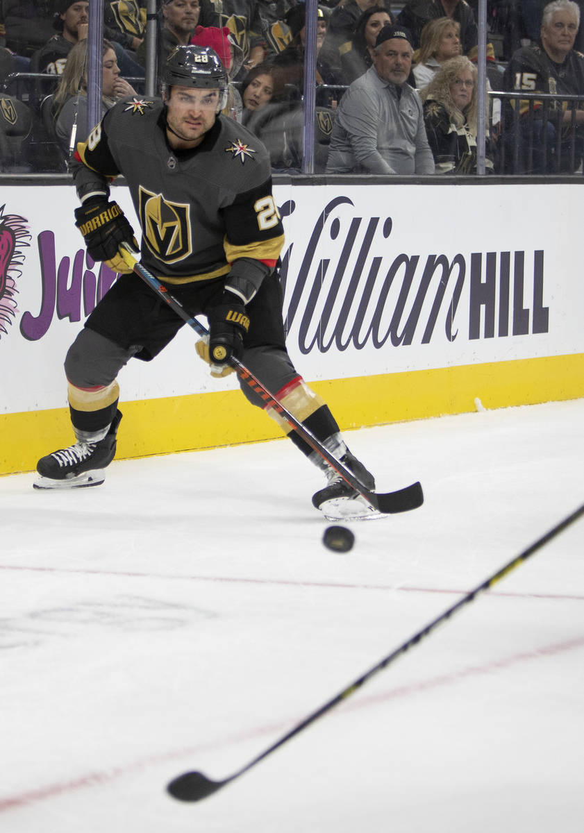 Golden Knights left wing William Carrier (28) receives the puck during the third period of the ...