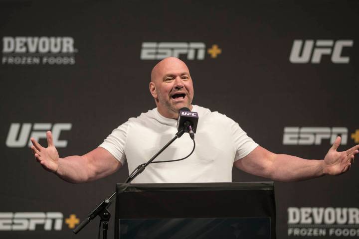 UFC president Dana White addresses the media during a press conference on Friday, July 5, 2019, ...