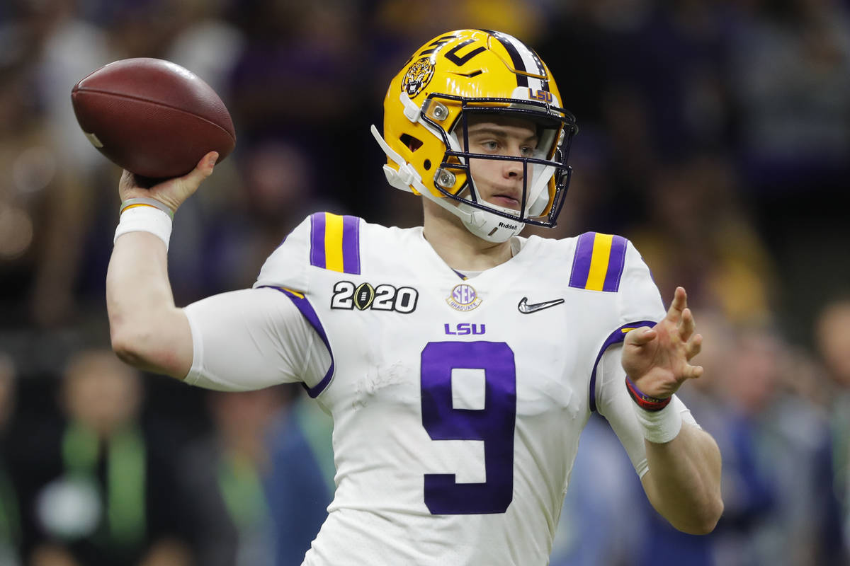 LSU quarterback Joe Burrow passes against Clemson during the second half of a NCAA College Foot ...