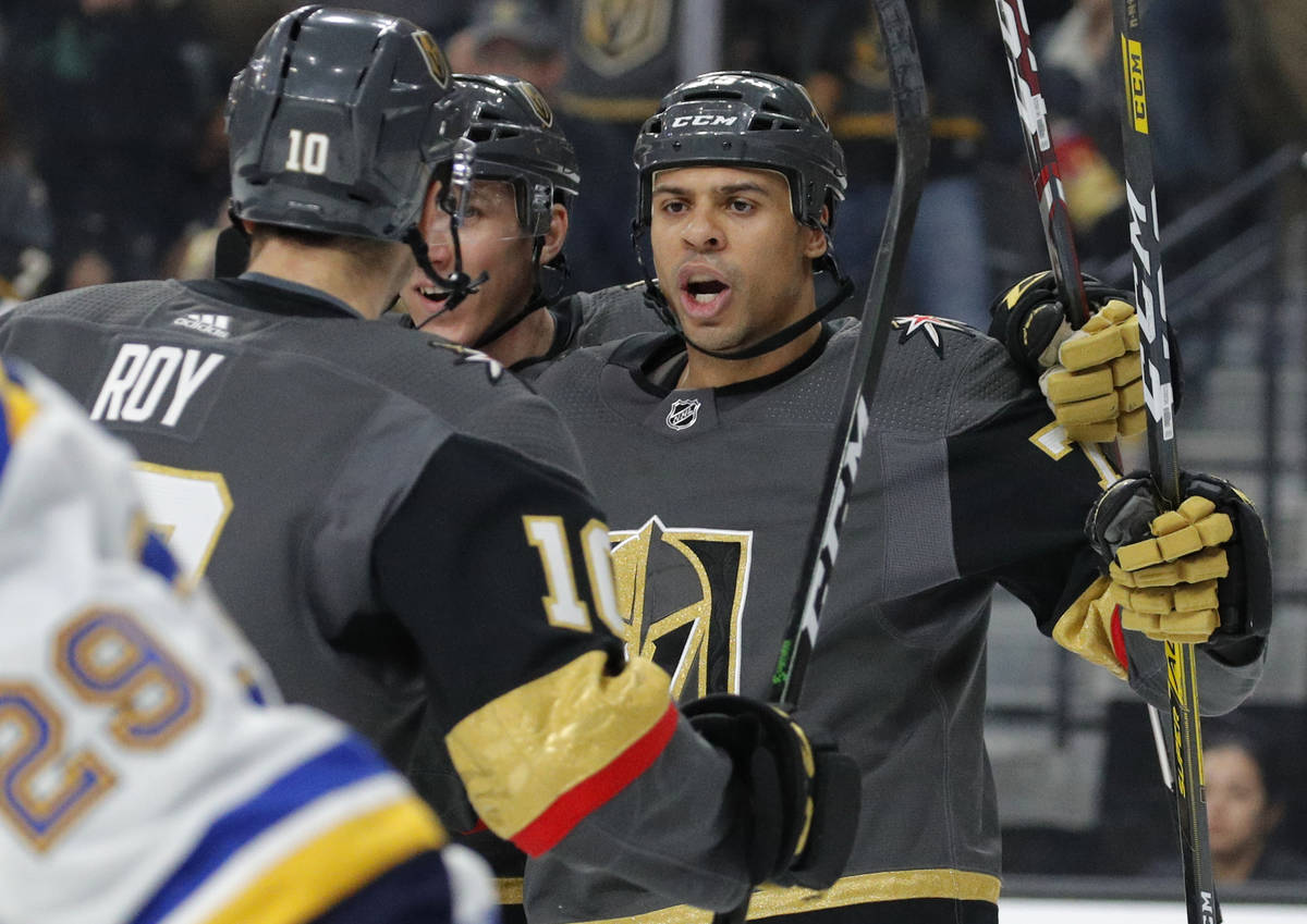 Vegas Golden Knights right wing Ryan Reaves (75) celebrates after scoring against the St. Louis ...