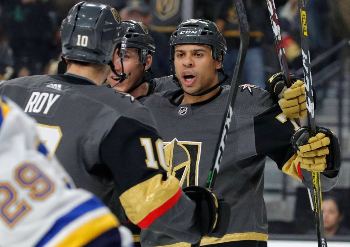 Vegas Golden Knights right wing Ryan Reaves (75) celebrates after scoring against the St. Louis ...