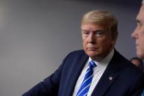 President Donald Trump pauses while speaking about the coronavirus in the James Brady Press Bri ...