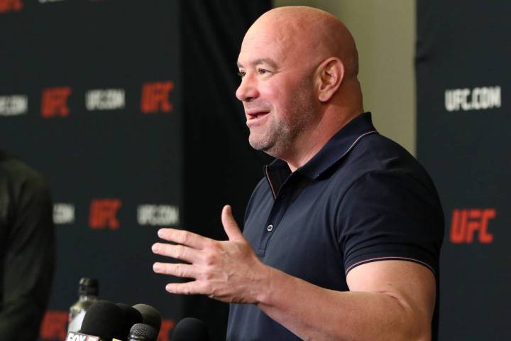 UFC president Dana White speaks during a press conference at the UFC Apex in Las Vegas, Tuesday ...