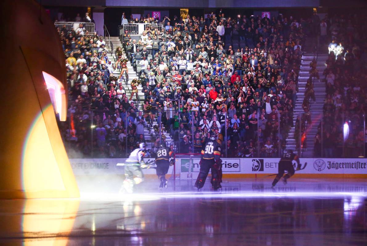 Golden Knights goaltender Robin Lehner (90) skates on the ice before playing the Buffalo Sabres ...